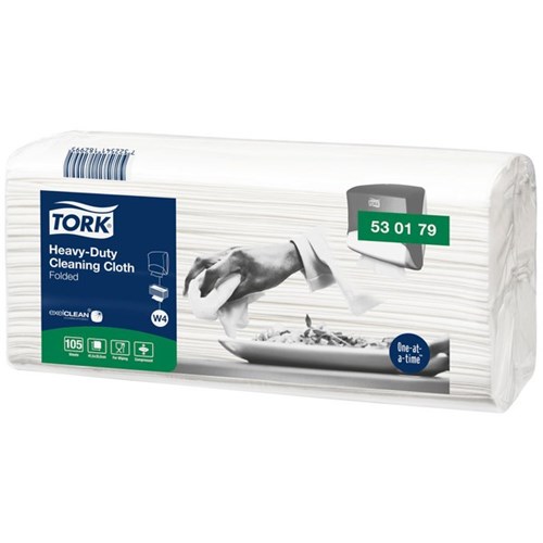 Tork W4 Heavy-Duty Cleaning Cloths 415 x 355mm 530179 White, Carton of 4 Packs of 105