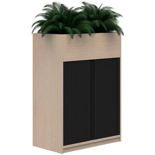 Mascot Planter Tambour Lockable 900mm Refined Oak with Black Doors