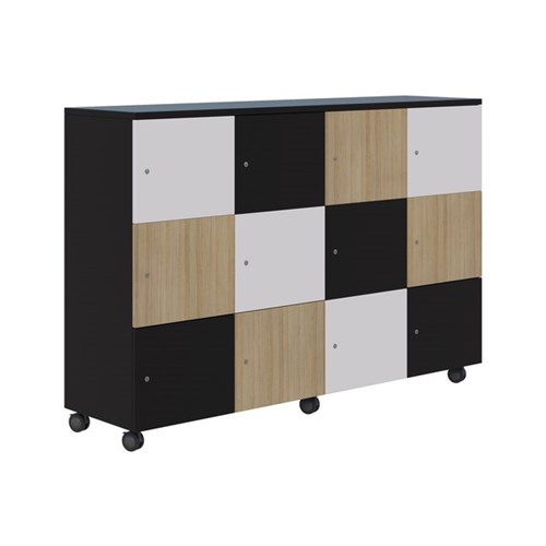 Mascot Keyed Locking 12 Door Mobile Locker 1800x1200mm Classic Oak/Snow Velvet/Black