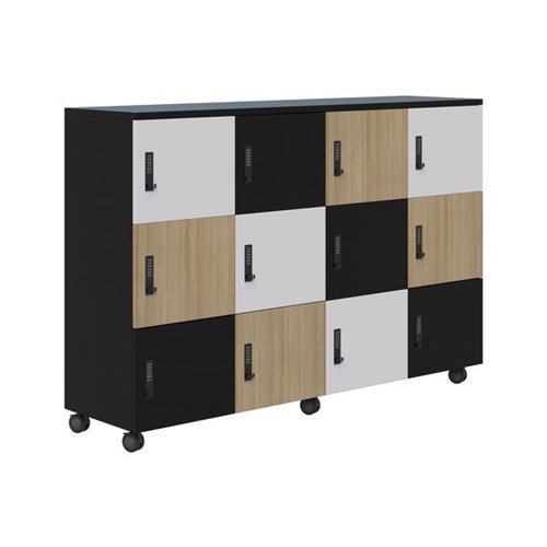 Mascot Digital Locking 12 Door Mobile Locker 1800x1200mm Classic Oak/Snow Velvet/Black