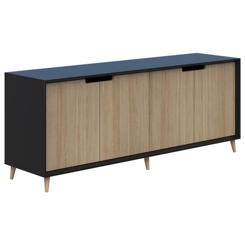 FIORD Executive Credenza 4 door 1800 x 450 x 750mm Black Carcass  with Classic Oak Doors