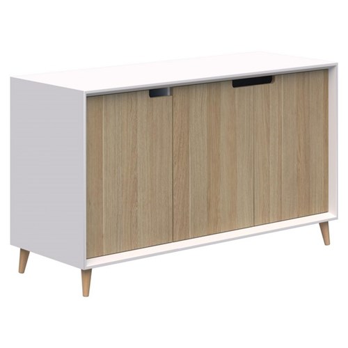 FIORD Executive Credenza 3 door 1200 x 450 x 720mm Snow Velvet Carcass with Classic Oak Doors