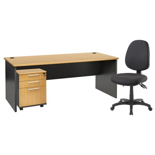 Emerge Slab End Desk, Mobile And Advance Chair Bundle Beech/Ironstone