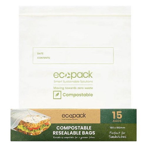 Ecopack Compostable Resealable Sandwich Bags 180x190mm, Set of 3