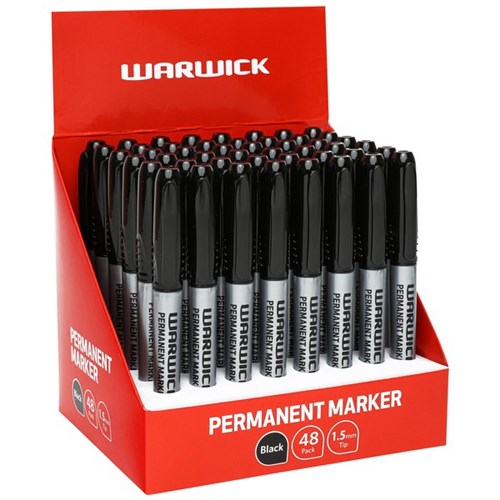 Warwick Black Permanent Markers Fine Tip, Box of 48