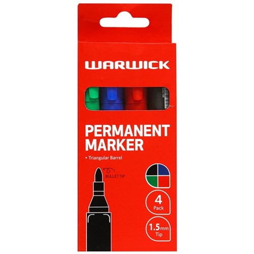 Warwick Permanent Markers Bullet Tip Assorted Colours, Pack of 4