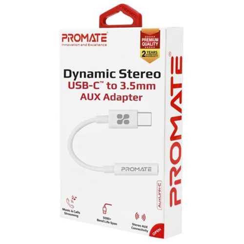 Promate Dynamic Stereo USB-C to 3.5mm AUX Headphone Jack Converter White