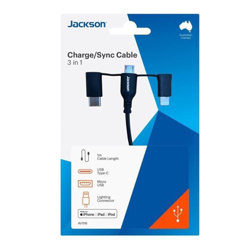 Jackson 3-In-1 MFi Certified Sync and Charge Cable 1m Black