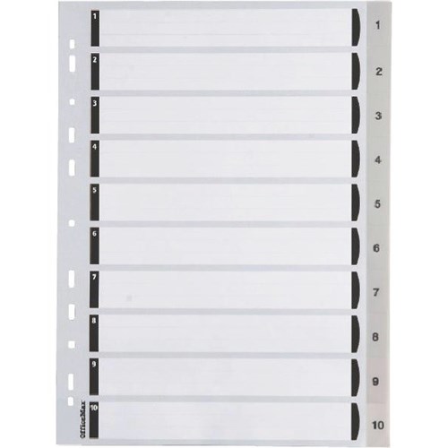 OfficeMax Index Dividers 10 Tab 1-10 A4 Polypropylene Grey