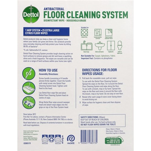 Dettol Floor Cleaning System Mop And Extra Large Floor Wipes Citrus, Pack of 25