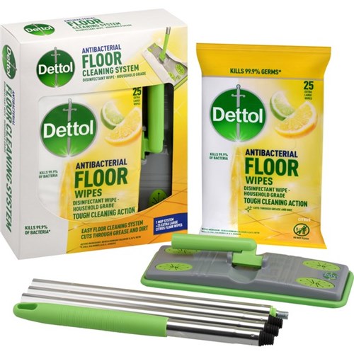 Dettol Floor Cleaning System Mop And Extra Large Floor Wipes Citrus, Pack of 25