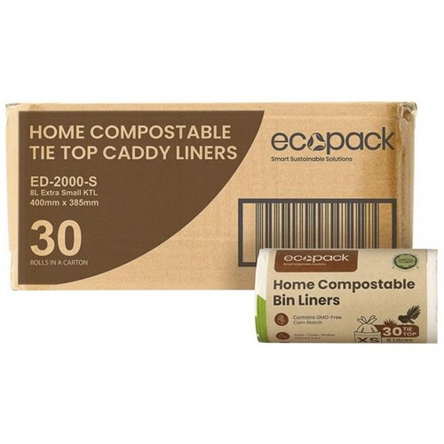 Ecopack Home Compostable Bin Liners XS 8L, Carton of 3 Rolls of 30