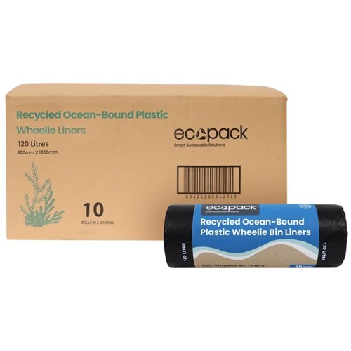 Ecopack Recycled Ocean-Bound Plastic Wheelie Bin Liners 120L, Carton of 10 Rolls of 25