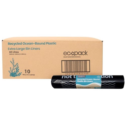 Ecopack Recycled Ocean-Bound Plastic Bin Liners Extra Large 60L Black, Carton of 10 Rolls of 30