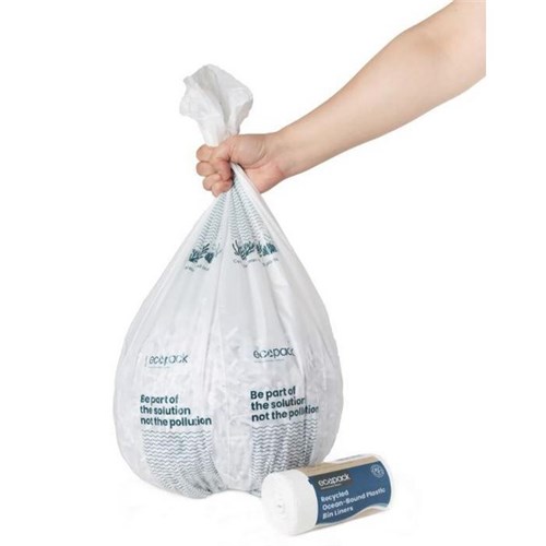 Ecopack Recycled Ocean-Bound Plastic Bin Liners Large 36L White, Carton of 3 Rolls of 30