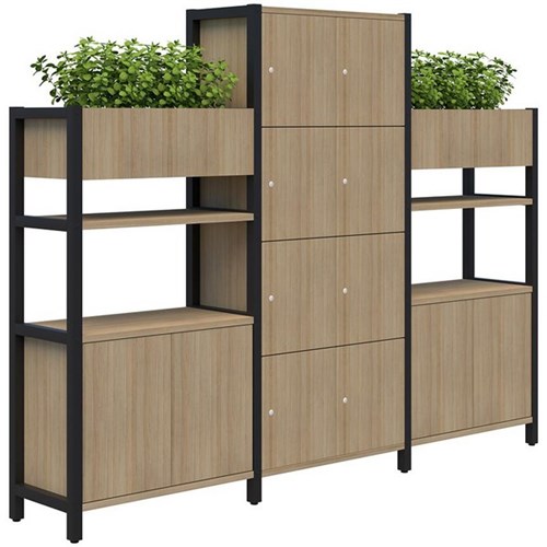 Grid 40 Keyed Locking 8 Door Locker/Planter Display Wall 2560x400x1500/1890mm Classic Oak/Black