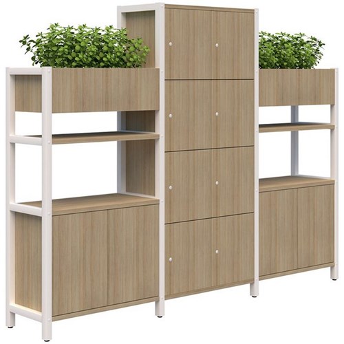 Grid 40 Keyed Locking 8 Door Locker/Planter Display Wall 2560x400x1500/1890mm Classic Oak/White