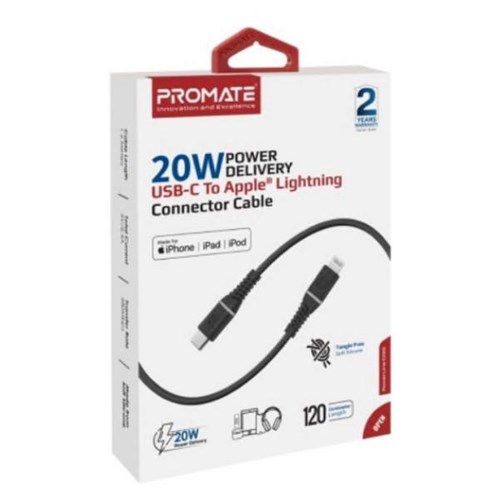 Promate MFi Certified USB-C to Lightning Cable 1.2m Black