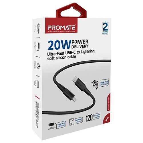 Promate Non-MFi 20W PD USB-C to Lightning Charge and Sync Cable 1.2m Black