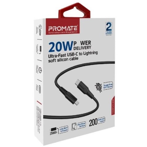 Promate Non-MFi 20W PD USB-C to Lightning Charge and Sync Cable 2m Black