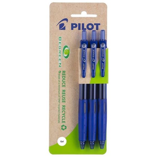 Pilot BeGreen G-knock Blue Retractable Ballpoint Gel Pen 0.7mm Fine Tip, Pack of 3