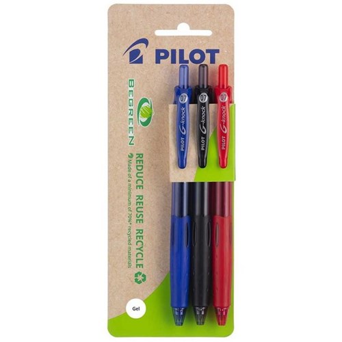 Pilot BeGreen G-knock Assorted Colours Retractable Ballpoint Gel Pen 0.7mm Fine Tip, Pack of 3