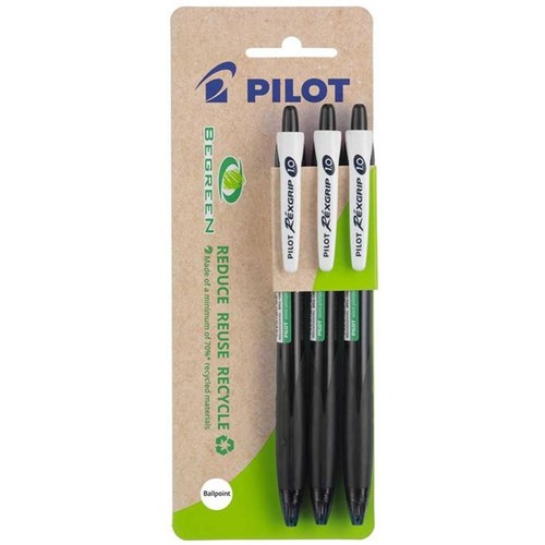 Pilot BeGreen Rexgrip Black Retractable Ballpoint 1.0mm Medium Tip, Pack of 3