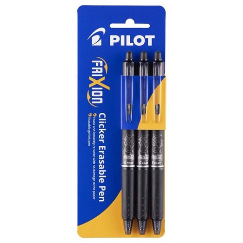 Pilot Frixion Black Clicker Erasable Rollerball Gel Pen 0.7mm Fine Tip, Pack of 3