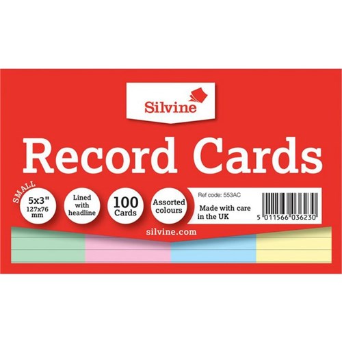 Silvine Record Cards 126x76mm Assorted Colours