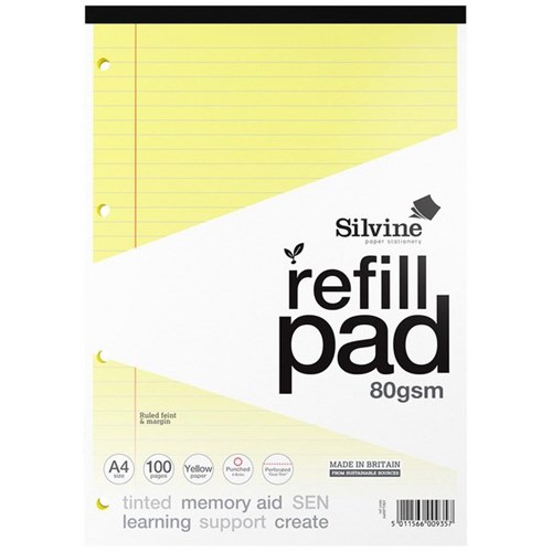 Silvine A4 Tinted Refill Pad 8mm Lined 50 Leaves/100 Pages Yellow