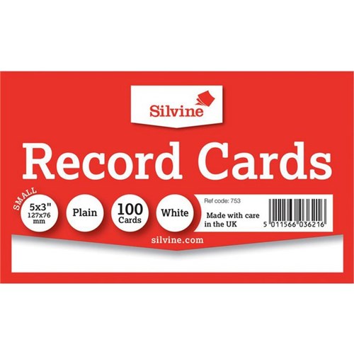 Silvine Record Cards 126x76mm Unruled White 