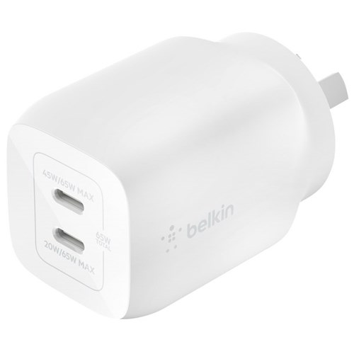 Belkin BoostUp Charge Dual USB Type-C 65W PD GaN Wall Charger White