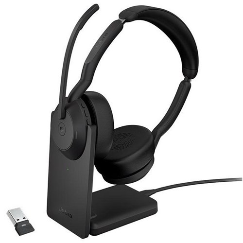 Jabra Evolve2 55 Link380c MS Stereo USB-A Wireless Headset with Charging Stand Black