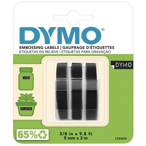 Dymo Embossing Tape 9mm x 3m Black, Pack of 3