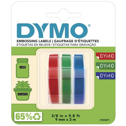 Dymo Embossing Tape 9mm x 3m Assorted Colours, Pack of 3