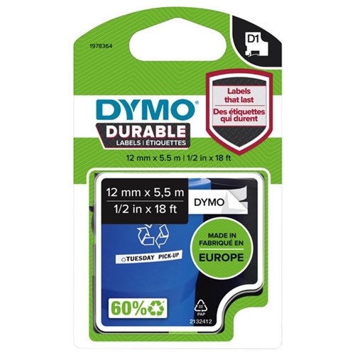 Dymo D1 Durable Labelling Tape 1978364 12mm Black on White
