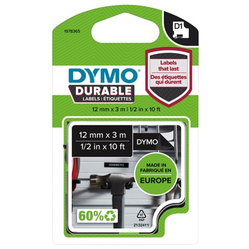 Dymo D1 Durable Labelling Tape 11974089 12mm White on Black