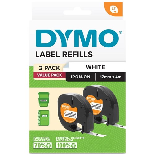 Dymo LetraTag Iron-On Tape 12mmx4m White, Pack of 2