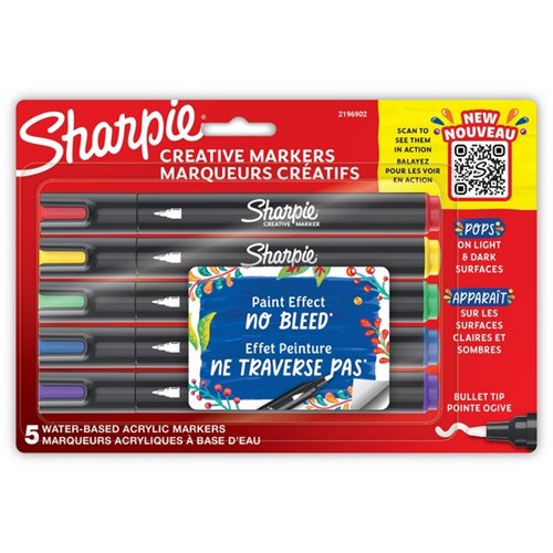 Sharpie Creative Water Based Acrylic Markers Bullet Tip Assorted Colours, Pack of 5