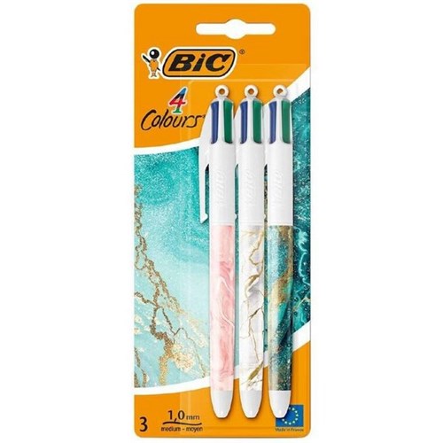 BIC 4 Colour Retractable Ballpoint Pen 1.0mm Marble Design Medium Tip, Pack of 3