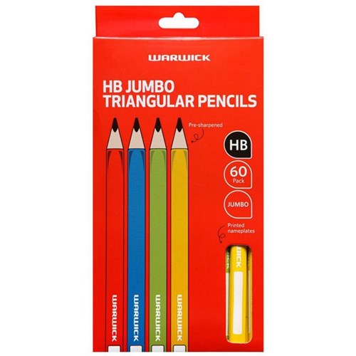 Warwick Jumbo Triangular HB Pencils With Nameplate Assorted Colours, Box of 60