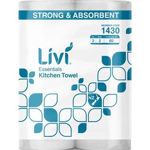 Livi Essentials Kitchen Paper Towels Twin Pack 2 Ply 60 Sheets, Pack of 2