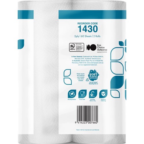 Livi Essentials Kitchen Paper Towels Twin Pack 2 Ply 60 Sheets, Pack of 2