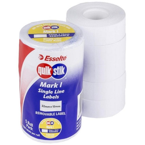 Esselte QuikStik 48246 Mark I Single Line Removable Labels 22x12mm White, Pack of 5 Rolls