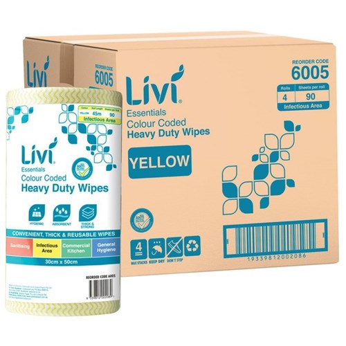 Livi Essentials Heavy Duty Wipes Yellow Antibacterial 300x500mm, Carton of 4 Rolls