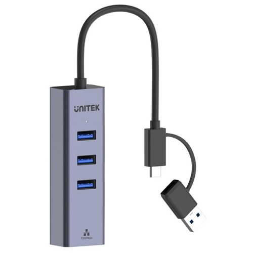 UNITEK 4-in-1 Ethernet Hub With 2-in-1 Connectors (USB-C & USB-A) Space Grey