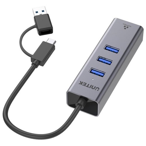 UNITEK 4-in-1 Ethernet Hub With 2-in-1 Connectors (USB-C & USB-A) Space Grey