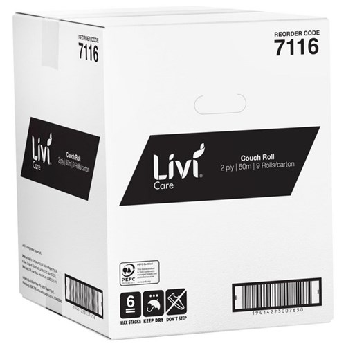 Livi Care Premium Couch Roll 2 Ply 7116, Carton of 9