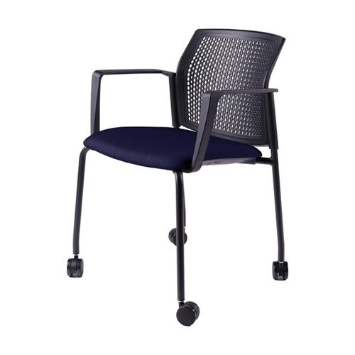 Zest Visitor Chair 4 Leg Shell Castors Fabric Seat Pad with Square Arms Navy