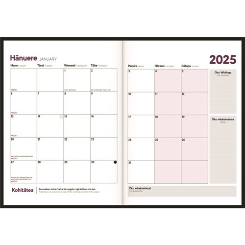 Tuhi Standard Bilingual Diary Monthly Planner Mahere ā Marama 2025 Poutama